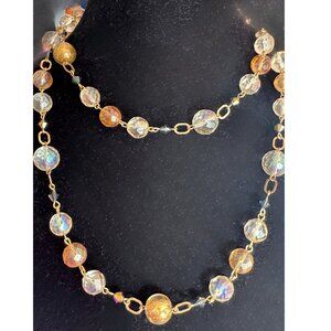 Gold Faceted Double Strand Necklace with Gold Tone Chain Links Amber Color Vtg